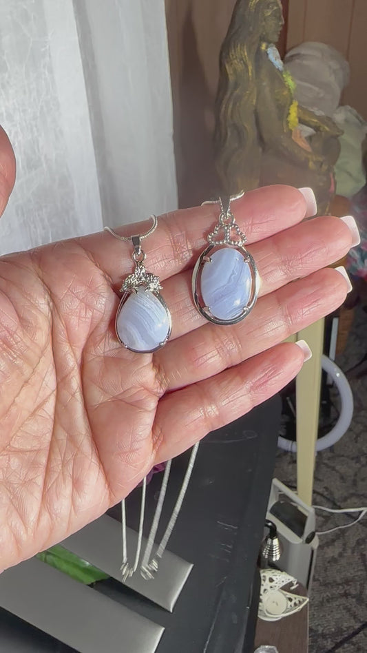 Blue Lace Agate with 18” Sterling Silver chain